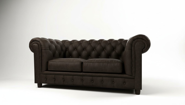 Divano Chesterfield 2 posti in tessuto imbottito in tessametal e pelle.