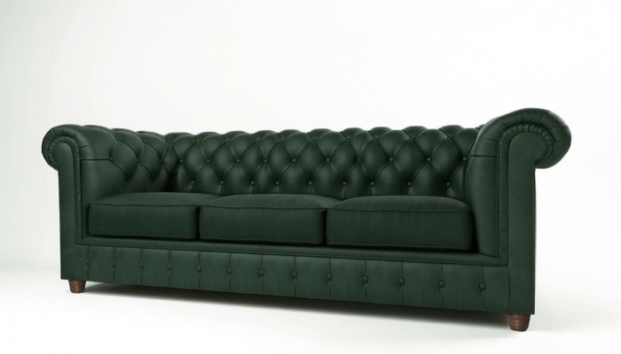Divano Chesterfield con rivestimento in tessuto a tre posti, divano set soggiorno verde.
