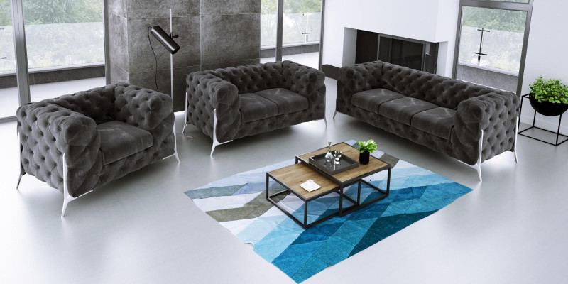Designer Chesterfield Divano Set Divano Pouf Set 3 Posti Velluto Set