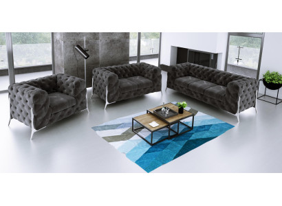 Designer Chesterfield Divano Set Divano Pouf Set 3 Posti Velluto Set