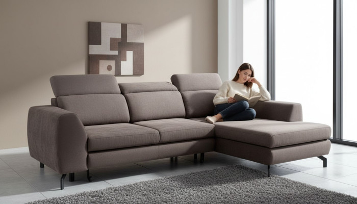 Divano angolare design con funzione letto, tessuto di rivestimento, divano imbottito, divano letto con contenitore.
