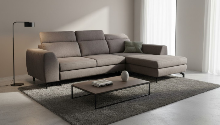 Divano angolare design con funzione letto, tessuto di rivestimento, divano imbottito, divano letto con contenitore.