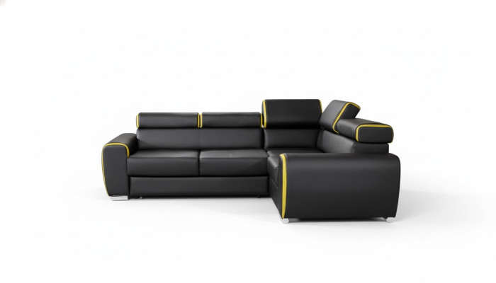 Divano ad angolo design a L con funzione letto in pelle e tessuto.
