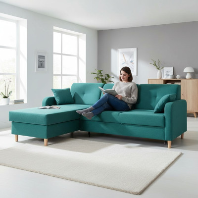 Divano letto design angolare a L, tessuto per divani letto con funzione letto.