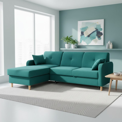 Divano letto design angolare a L, tessuto per divani letto con funzione letto.