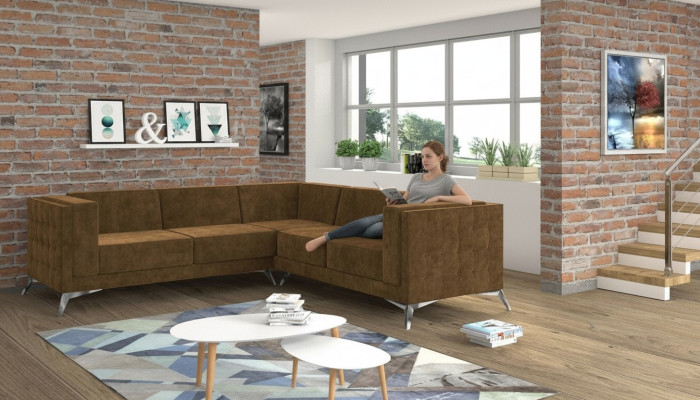 Divano angolare design a L in tessuto classico marrone nuovo
