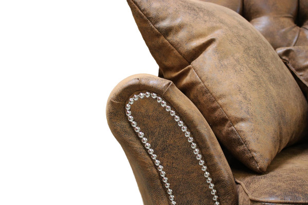 Poltrona da design monoposto in tessuto color marrone, lussuoso divano da club lounge e televisivo Chesterfield.