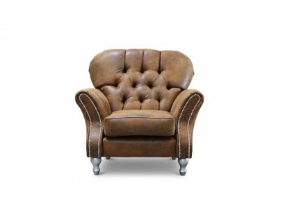 Poltrona da design monoposto in tessuto color marrone, lussuoso divano da club lounge e televisivo Chesterfield.
