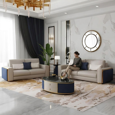 Set di divani 3+2+1 con tavolino da salotto. Divani di design in pelle, divano, divano a penisola.