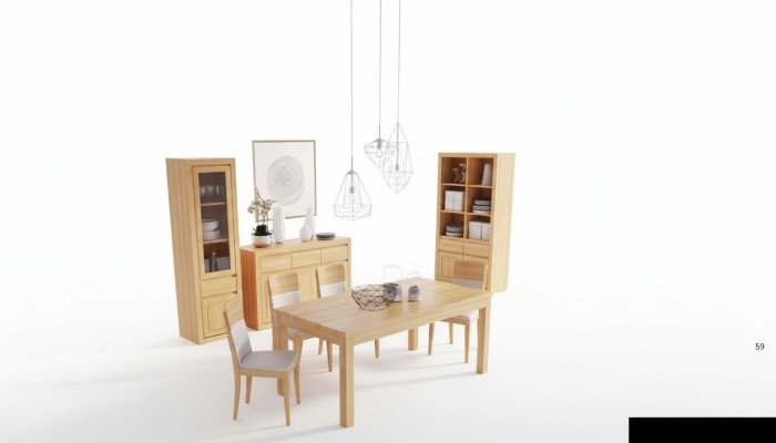 Set di salotto con 8 pezzi. Comprende comò, 4 sedie con schienale, vetrina e credenza. Nuovo.