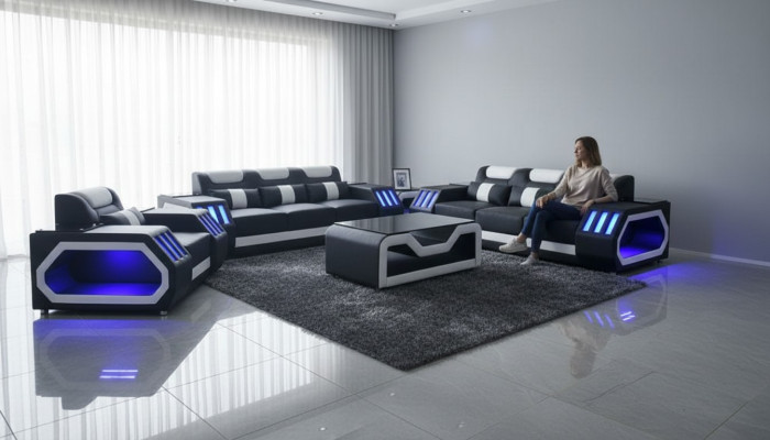Sofà completo 3+2+1 + tavolo in pelle illuminato con design imbottito