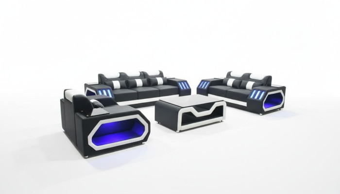 Sofà completo 3+2+1 + tavolo in pelle illuminato con design imbottito