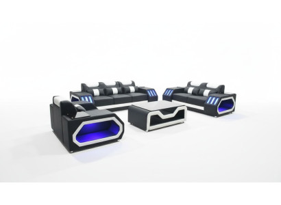 Sofà completo 3+2+1 + tavolo in pelle illuminato con design imbottito