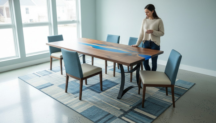 Tavolo da pranzo Blue River Table in legno massiccio 220x90 Tavoli in resina epossidica Nuovi