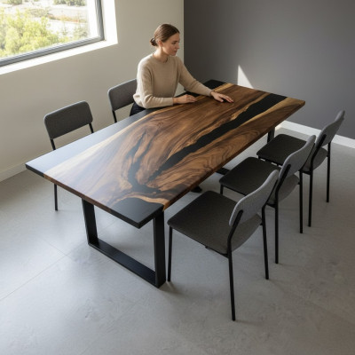 Tavolo da pranzo Black River Table in legno massello 220x95 tavoli in resina epossidica nuovi
