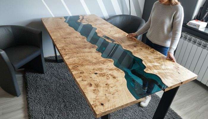 Tavoli in legno massiccio con resina epossidica, tavolo da pranzo, mobili massicci, tavolo in resina epossidica a cascata.