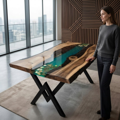 Tavolo tavolo da pranzo tavoli resina resina massiccio mobili di design 200x100 legno autentico epossidico