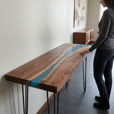Tavolo consolle credenza in legno reale, tavolo design resina epossidica fiume a cascata.