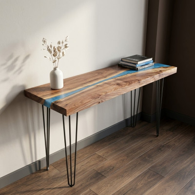 Tavolo consolle credenza in legno reale, tavolo design resina epossidica fiume a cascata.
