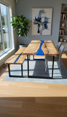 Tavolo da design in legno massiccio con resina epossidica, nuovo.