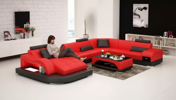 Divano ad angolo a forma di U Poltrona Tavolino da caffè Divano moderno Divano in pelle Divano ad angolo Imbottito Set 2 pezzi