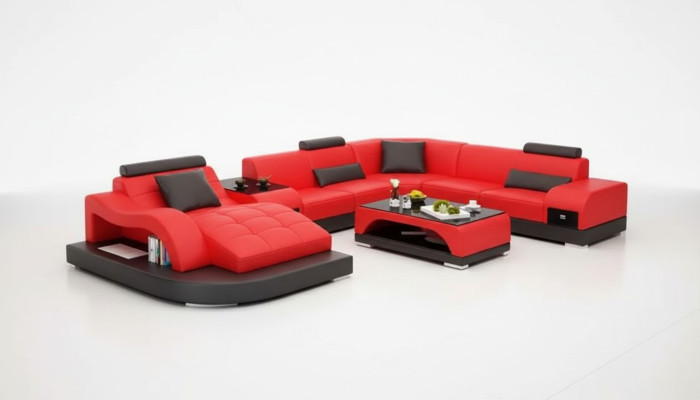 Divano ad angolo a forma di U Poltrona Tavolino da caffè Divano moderno Divano in pelle Divano ad angolo Imbottito Set 2 pezzi
