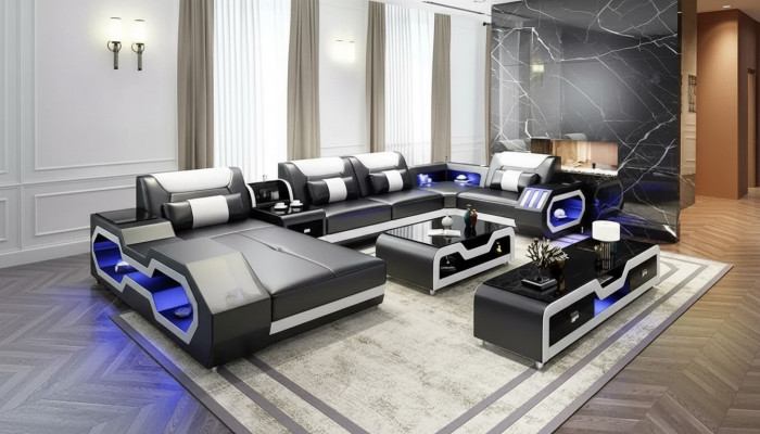 Divano ad angolo a forma di U, tavolino, credenza, divano in pelle, salotto, set di divani di design