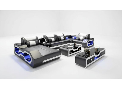 Divano ad angolo a forma di U, tavolino, credenza, divano in pelle, salotto, set di divani di design