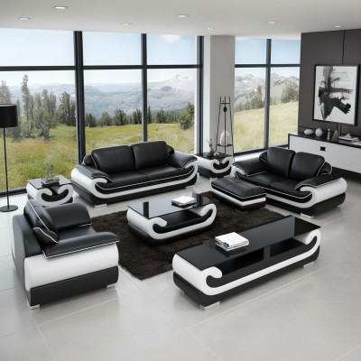 Set completo di divani in pelle classica 8 pezzi. Set da soggiorno con tavolo e sgabello.