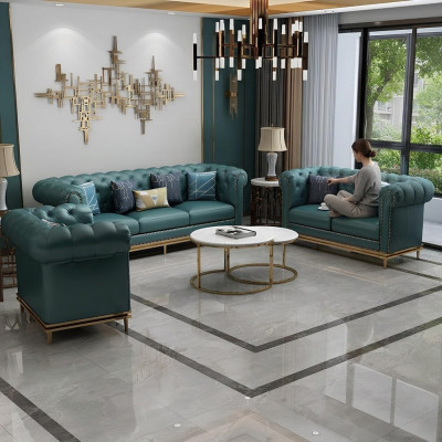 Chesterfield Set di divani in tessuto divani tavolo da salotto 6 pezzi. Set soggiorno tavoli