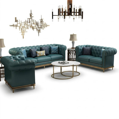 Chesterfield Set di divani in tessuto divani tavolo da salotto 6 pezzi. Set soggiorno tavoli