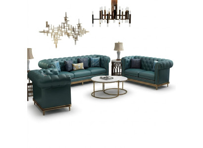 Chesterfield Set di divani in tessuto divani tavolo da salotto 6 pezzi. Set soggiorno tavoli