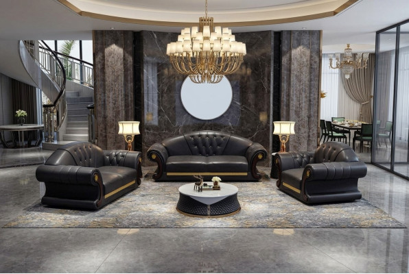 Set completo di divani Chesterfield, divano 6 pezzi con cuscini da seduta, tavolino e tavolo.
