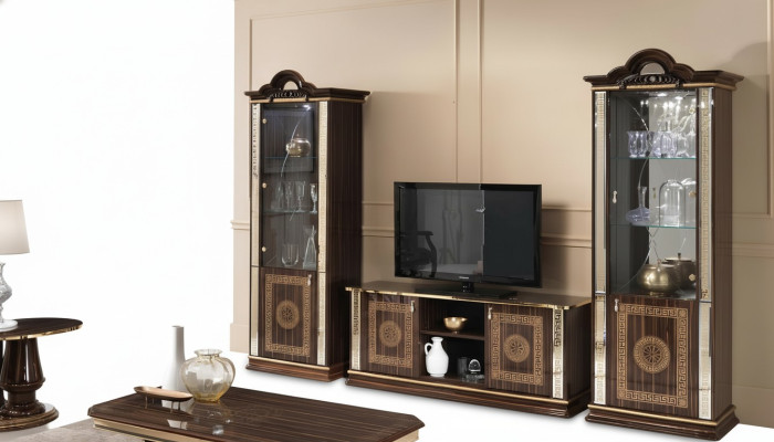 Mobile parete italiana in tre pezzi con armadio, vetrina e mobile porta TV di lusso con vetrine in vetro.