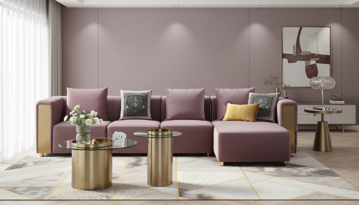 Divano ad angolo a L, divano design, divano imbottito in tessuto moderno, nuovo set di angoli.