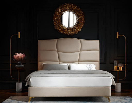Set da camera da letto moderno di lusso con letto tessile 2 pezzi e 3 comodini.