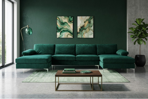 Divano ad angolo a forma di U verde design per il soggiorno.