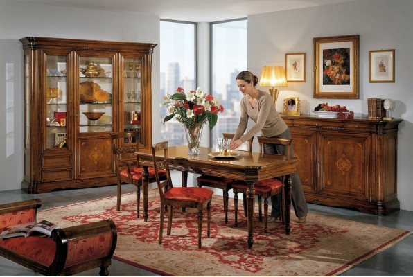 Design set da pranzo 7 pezzi in legno con mobile, 4 sedie, tavolo e vetrina nuovo