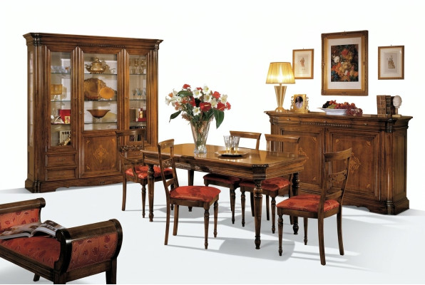 Design set da pranzo 7 pezzi in legno con mobile, 4 sedie, tavolo e vetrina nuovo