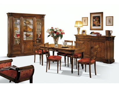 Design set da pranzo 7 pezzi in legno con mobile, 4 sedie, tavolo e vetrina nuovo