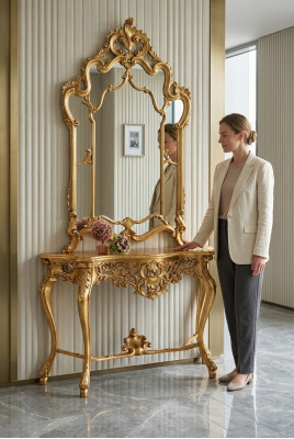 Console con specchio in stile casa di campagna Console da toeletta con specchio Consolle tavolo d'oro