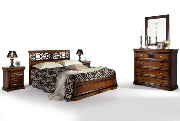 Set completo per la camera da letto in legno marrone, letto 2 comodini cassettiera specchio nuovo