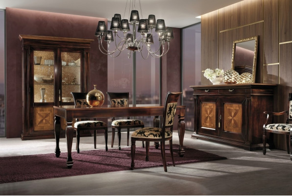 Sala da pranzo Set arredamento Cassettiera Sedie 4x Vetrina Gruppo Salotto Tavolo 7 pezzi.