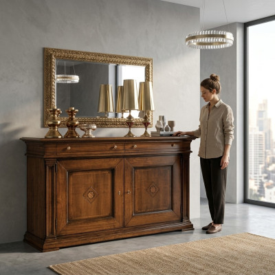 Mobile con cassetti in legno massello con specchio Set di credenze italiane in legno massello 2 pezzi.