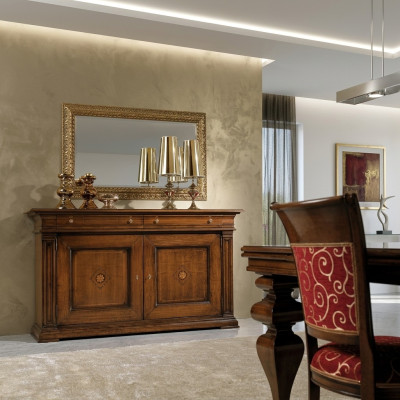 Mobile con cassetti in legno massello con specchio Set di credenze italiane in legno massello 2 pezzi.