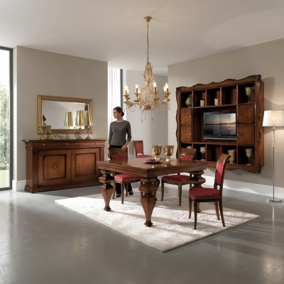 Set per sala da pranzo in legno con mobile, 4 sedie e tavolo completo di 7 pezzi.