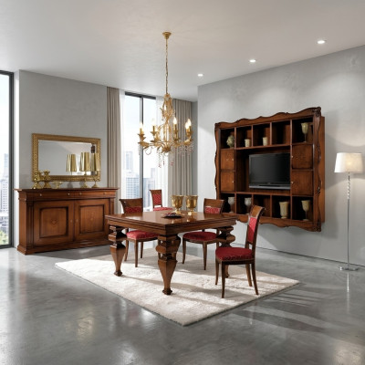 Set per sala da pranzo in legno con mobile, 4 sedie e tavolo completo di 7 pezzi.