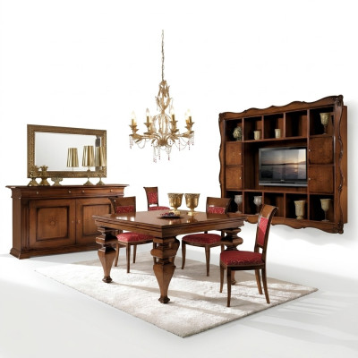 Set per sala da pranzo in legno con mobile, 4 sedie e tavolo completo di 7 pezzi.