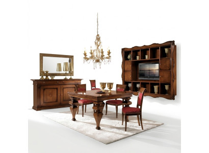 Set per sala da pranzo in legno con mobile, 4 sedie e tavolo completo di 7 pezzi.