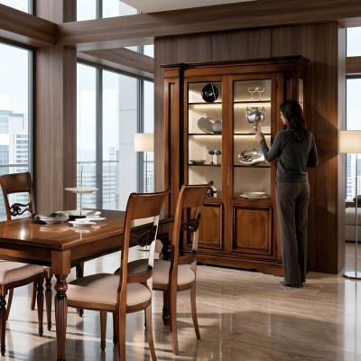 Vetrina in legno di lusso, armadi classici, credenza di design, mobili in stile italiano marrone.